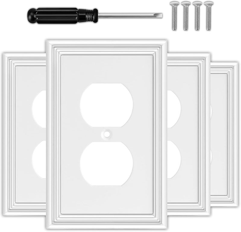 OKAYZIP White Decorative Outlet Covers Wall Plates, Natural Material Electric Receptacle Cover Switch Plate Outlet Cover - Modern Style (1 Gang Single Duplex 4 Pack) - Image 1